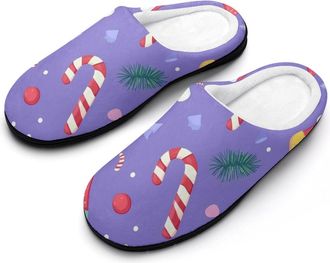 Generic Christmas Socks And Candy Canes Mens Slippers Slip On Comfortable Fleece Cotton House Shoes Winter