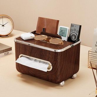 OEM Caja Rectangular Para Pa&ntilde;uelos Con Compartimento De Almacenamiento, Soporte Multifuncional Para Mando A Distancia, Oficina, Color Madera