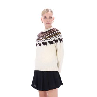 Hunter Ashie Crew Fair Isle Knit Womens White Neck Jumpers Merino - Size Small