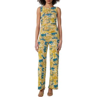 Diane Von F&uuml;rstenberg Cara Reversible Sleeveles Mesh Jumpsuit in Sea Palm Mid Crete Blue at Nordstrom, Size X-Small
