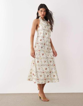 Vero Moda Vestito lungo in raso bianco a fiori allacciato al collo con schiena scoperta