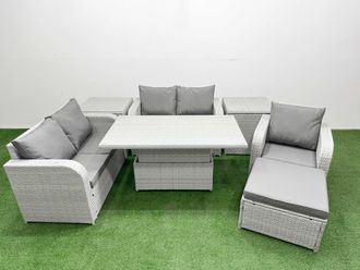 Fimous High Back Poly Rattan Garden Furniture Set w/ Reclining Chair Loveseat Sofa Adjustable Lifting Dining or Coffee Table Indoor Outdoor Patio Set