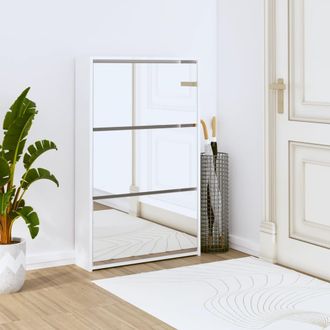 vidaXL Vidaxl - Mueble Zapatero Y Espejo 3 Niveles Blanco Brillo 63x17x102,5 Cm