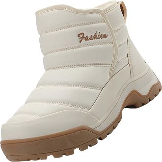 Generic Ladies Winter Boots Fur Lined Prints Flat Round Toe Lazy Suede Shoes Boots Rubber Boots (White, 6.5)