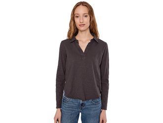 Mod-o-doc Long Sleeve Easy Polo T-Shirts Womens Clothing Washed Ebony : LG (US 12-14), Cotton