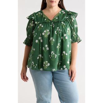 Sugarlips Kestrel Auria Floral Ruffle Puff Sleeve Cotton Top in Cream-Green at Nordstrom, Size 1X