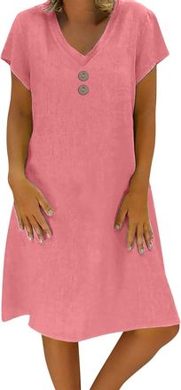 Generic Plus Size Linen Shirt Tshirt Dress Women UK Casual Plain V Neck Bohemian Midi Dress Short Sleeve T Shirts A-Line Sundress Ladies Elegant Tunic Boho Be