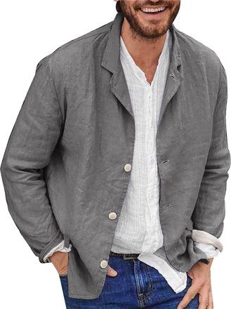 Generic Mens Linen Cotton Blazer, Grey, XL, Regular Fit, Long Sleeve, Straight, Summer, Lightweight, Breathable, Button Closure, Notch Collar, Solid Pattern, 