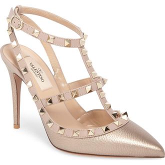 Valentino Garavani Rockstud Pointed Toe T-Strap Pump in Metallic Gold at Nordstrom, Size 11Us