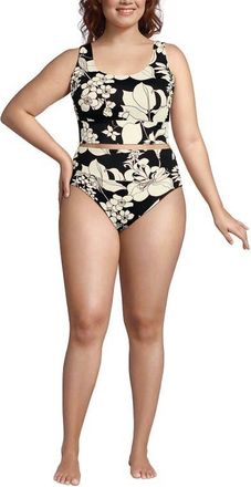 Lands End Plus Size Tugless Ribbed Midkini and High Waisted Bottom Swimsuit Set in Black/egret Lilies at Nordstrom, Size 2X