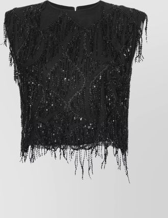 Rotate sleeveless beaded top featuring fringe design