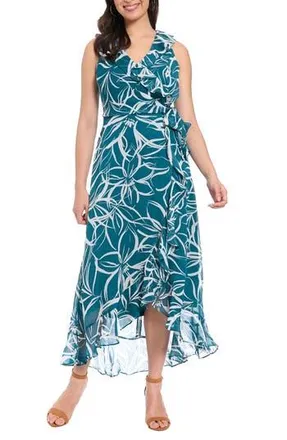 London Times Ruffle Sleeveless Faux Wrap Dress in Dark Teal/White at Nordstrom Rack, Size 10