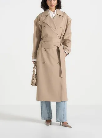 Mani&egrave;re De Voir Esther Double Belted Funnel Neck Trench Coat in Taupe at Nordstrom, Size 10