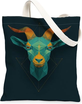Generic Geometric Goat Canvas Tote Bags, Modern Animal Design Reusable Grocery Bags, Lightweight Washable Shoulder Strap Canvas for, Dark Blue, 13x15 Inch