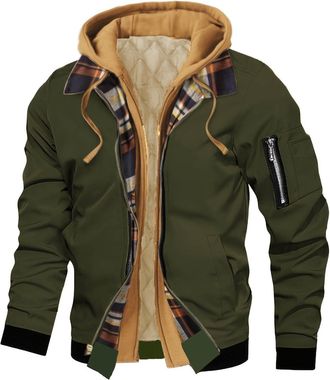 Generic Winter Jackets for Men,Fake Two-Piece Spliced Plaid Interior with Pockets Warm for Casual Flight Jacket Autumn Winter Hooded Coat Workwear Fleece Jack
