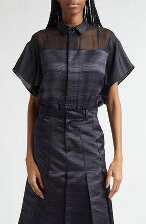 sacai Short Sleeve Mixed Media Button-Up Shirt in Black/Navy at Nordstrom, Size 1