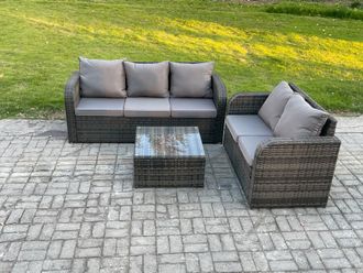 Fimous PE Rattan Garden Furniture Sets 5 Seater Outdoor Lounge Sofa Set Square Coffee Table in Dark Grey