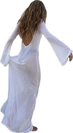 Generic Womens Elegant Knit Long Sleeve Beach Dress Holiday Sexy Open Back Club See Through Party Maxi Dresses White M