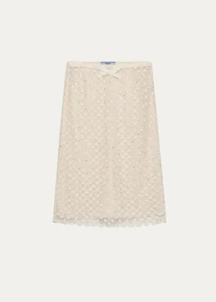 Prada Embellished Floral Mesh A-Line Skirt