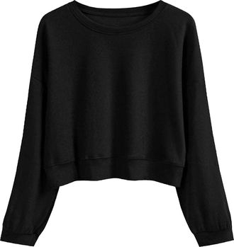 Generic Womens Loose Long Sleeve Sweatshirts Pullover Tops Womens Solid Color Round Neck Casual Long Sleeve Cropped Sweater Top Crop Sweatshirts Women (Black,