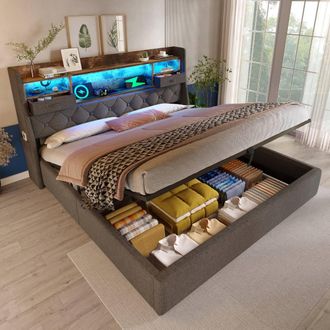 Merax 5ft Upholstered Storage King Bed with LED & USB Headboard Grey
