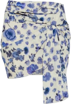Isabel Marant Rokken, Dames, Blauw, M, Korte Gedrapeerde Stretch Zijden Rok met Rozenprint