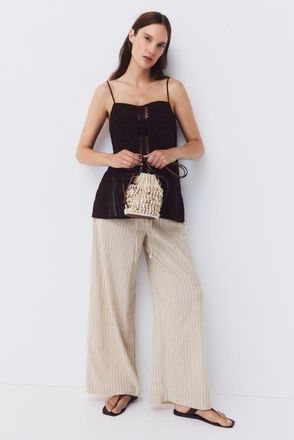 H&M Mama Textured Drawstring Trousers in Light Beige/striped at Nordstrom, Size X-Small