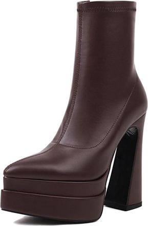Generic Womens Pointed Toe Platform Block Heel Sock Boots Faux Leather Side Zip Ankle High Stylish Comfortable For Night Out Party And Daily Casual Wear,Brown