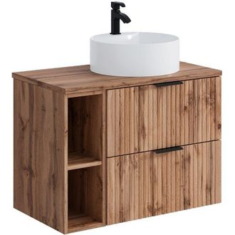 Vente-Unique Mobile per bagno sospeso con scanalature con nicchie e lavabo da appoggio tondo L80cm Naturale chiaro - zevara