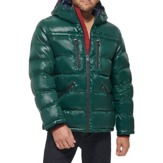 Tommy Hilfiger Mens Shiny Midweight Logo Puffer, Green, S