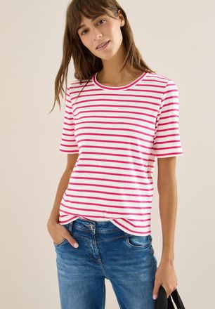 Cecil Rundhalsshirt CECIL, Damen, Gr. XL (44), beetroot pink, Jersey, Obermaterial: 95% Baumwolle, 5% Elasthan, gestreift, normal h&uuml;ftbedeckend, Rundhals, S