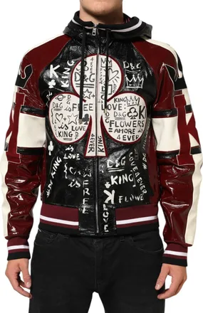 Dolce & Gabbana Multicolor Hooded Leather Dg King Men Biker Jacket Calfskin Lambskin Clothing
