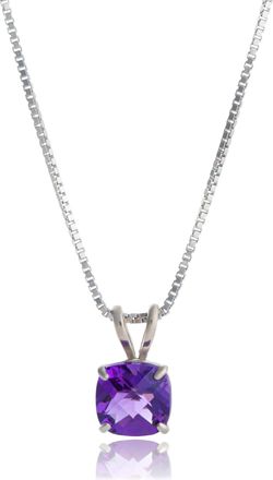 MAX + STONE 14k White Gold 8mm Cushion Cut Gemstone Pendant Necklaces with 18 inch Box Chain