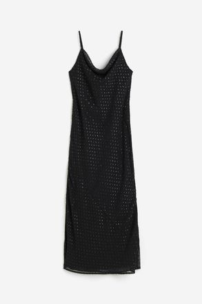 H&M Glitzerndes Plumetis-Slipkleid - Schwarz/Gepunktet