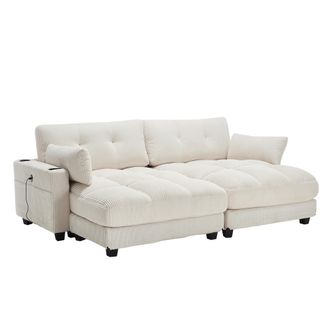 STILVORA Sill&oacute;n Lounge Con Usb Y Portavasos, Reposacabezas Ajustable, Bolsillo Lateral, En Pana Beige