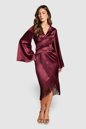 Coast Satin Fringe Hem Wrap Waist Midi Dress in Burgundy at Nordstrom, Size 4