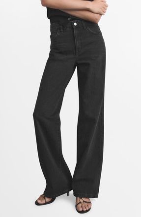 Mango Danila Raw Hem High Waist Wide Leg Jeans in Black Denim at Nordstrom, Size 18