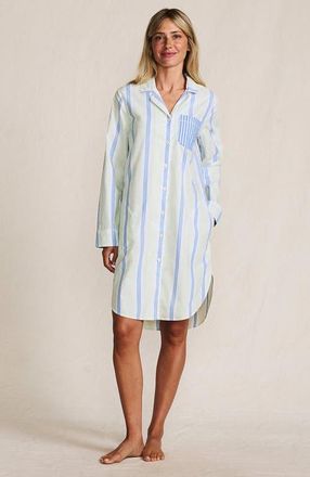 Lands End Cotton Poplin Long Sleeve Sleepshirt Nightgown in Icy Mint/muted Cobalt Stripe at Nordstrom, Size X-Large P
