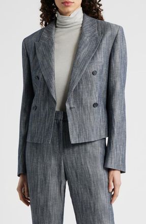 BOSS Jelsia Belted Sharkskin Twill Double Breasted Crop Blazer in Charcoal Sharkskin at Nordstrom, Size 14
