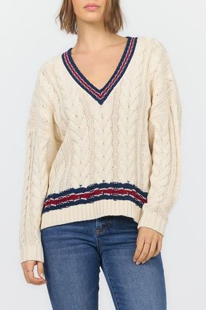 Dear John Denim Kairi Long Sleeve V-Neck Cable Knit Sweater in Academy Stripes at Nordstrom, Size X-Small