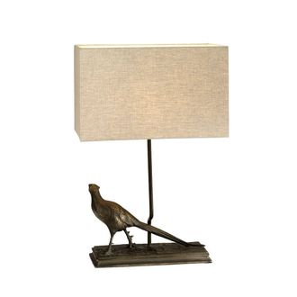 Loops Table Lamp Pheasant Statuette Natural Hessian Shade Bronze Patina LED E27 40w