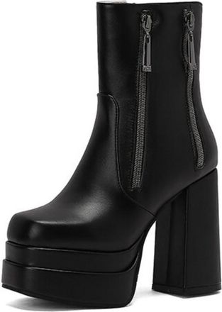 Generic Womens Platform Block Heel Ankle Boots Faux Leather Bold Color Double Zipper Sleek Style Slip On Comfortable Durable For Daily Casual,Black,6.5 UK