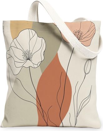 Generic Spring Poppy Flower Canvas Tote Bag for Shopping 13x15, Retro Mid Century Florals Reusable Grocery Print Pattern Bag for Women, Fun Funky Beach Aesthe