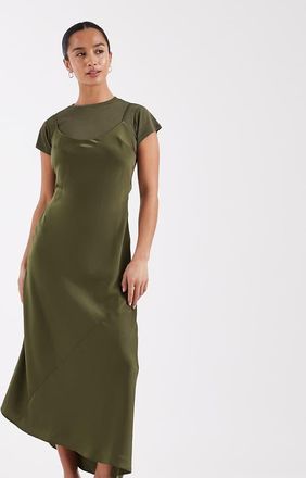 Asos Petite ASOS DESIGN Petite - Vestito t-shirt midi 2 in 1 in raso kaki con spalline sottili-Verde