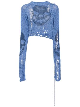 Ottolinger skull-print distressed-effect jumper - women - Recycled Polyester/Recycled Cotton - M - Blue