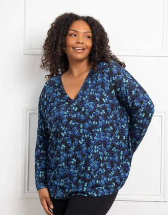 Live Unlimited London Womens Blue & Black Ditsy Jersey Longsleeve Top - Size: 12
