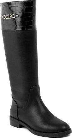 Jones New York Womens Riding Boots - Classic Knee-High Dress Boots with Gold Buckle Detail, Side Zipper, and Comfortable Low Heel for Work or Casual Wear, Black, 7.5