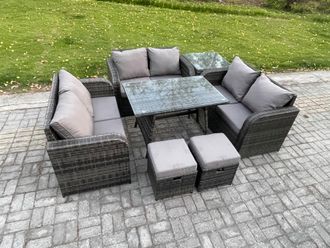 Fimous Rattan Garden Furniture Set 8 Seater Patio Outdoor Love Sofa Set with Rectangular Dining Table Side Table 2 Small Footstools in Dark Grey