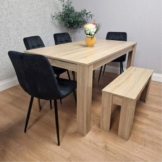 Kosy Koala Oak Effect Dining Table Set With 4 Black Velvet Chairs & Bench Dining Room Furniture in Brown