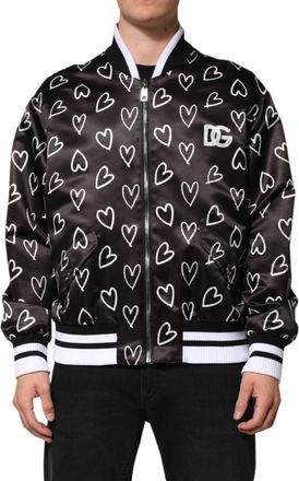 Dolce & Gabbana Mens Black Polyester Heart Print Bomber Jacket Clothing